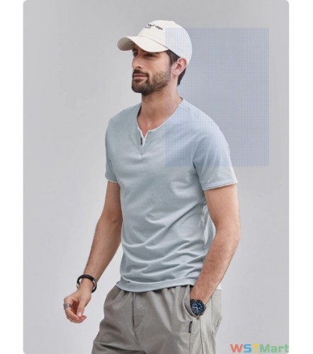 2024夏季凉感休闲上衣男装潮牌修身打底衫冰丝纯色V领短袖t恤男