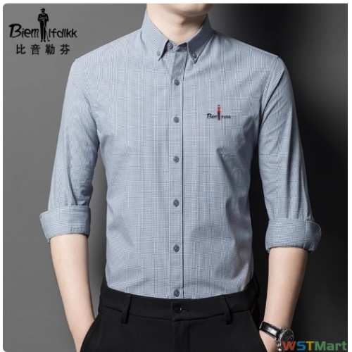 比音勒芬2024新款男士中青年格子长袖衬衫商务休闲免烫纯棉男衬衣