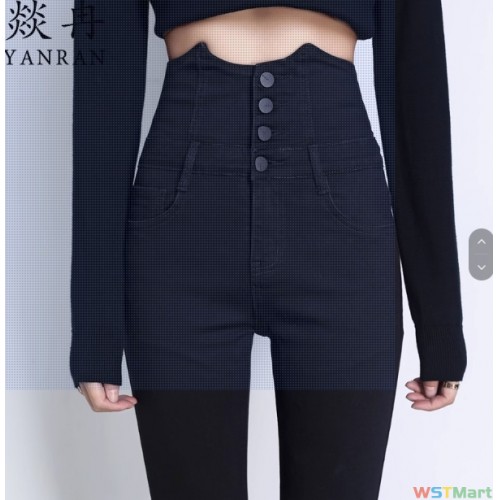 高腰牛仔裤女显瘦显高2024秋冬加绒弹力黑色紧身小脚九分收腹长裤