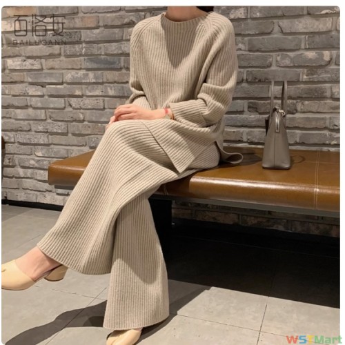 百洛安时尚针织套装裤女冬装新款韩版宽松毛衣阔腿裤长裤两件套潮 可开发票