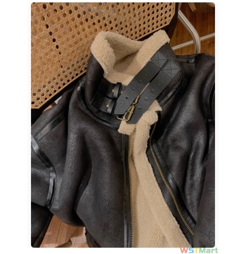 皮毛一体羊羔毛外套女2024新款冬季麂皮绒机车服夹克棉服男女同款