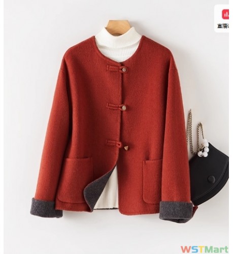 2024年新款新中式拼色圆领双面羊毛外套女上衣秋冬羊毛呢大衣女装