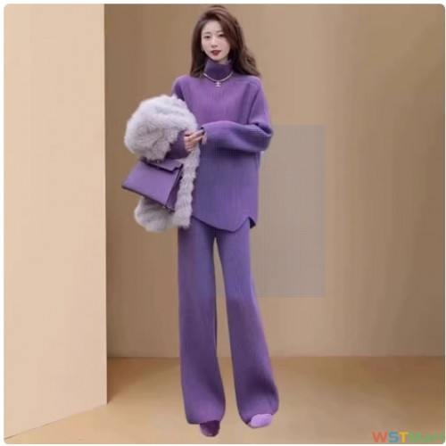 品牌高端女装2024年新款秋季时尚气质温柔紫色针织上衣裤子两件套