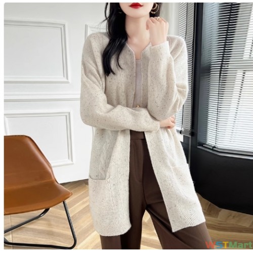 软糯百搭花纱纯羊毛开衫毛衣外套女中长款宽松慵懒风秋冬针织外搭