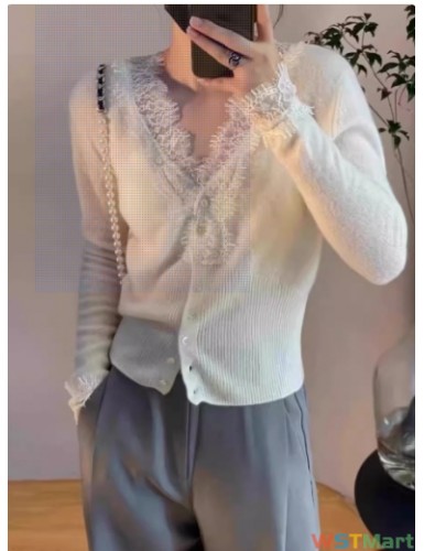 白领哥弟新女装显瘦山羊绒拼接蕾丝v领针织短开衫打底衫毛衣上衣
