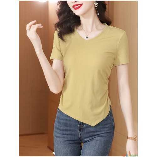 2025年新款夏季不规则上衣女设计感洋气漂亮小衫白色v领短袖t恤女