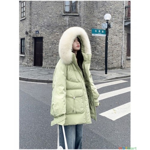 白鸭绒连帽冬季2023新款女韩版中长款羽绒服小个子加厚宽松面包服