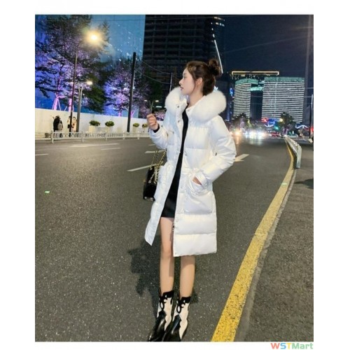 白鸭绒2023冬季新款免洗白色羽绒服女中长款百搭收腰保暖外套