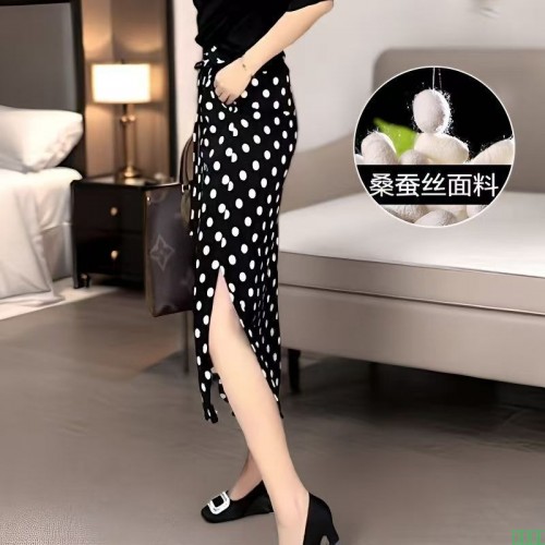 波点半身裙真丝桑蚕丝夏薄款裙子高腰显瘦中长款开叉一步长裙百搭