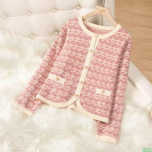 丝柏舍2025春装新女士时尚撞色圆领短款上衣小香风长袖针织衫