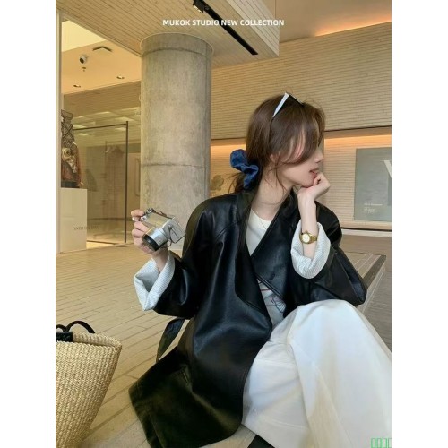 MUKOK韩女氛围~设计高级感炸街复古黑色PU皮西装皮衣外套女港风