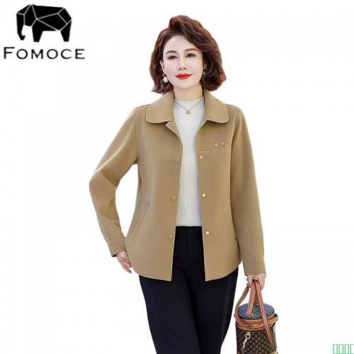 FOMOCE中年妈妈春秋薄款双面呢外套中长款洋气上衣中老年大衣