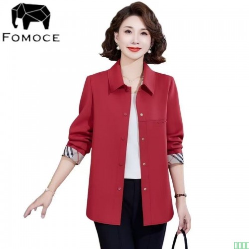 FOMOCE2025春款纯色休闲宽松短款时尚中老年妈妈外套大码显瘦风衣