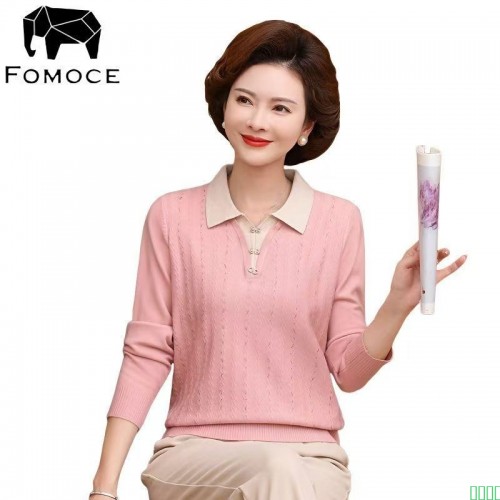 FOMOCE秋装新款妈妈装洋气翻领针织上衣中老年时尚长袖打底小衫