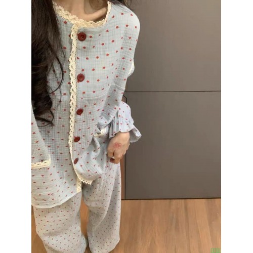 韩版甜美蕾丝波点印花春夏季睡衣女日系简约少女舒适学生长袖套装