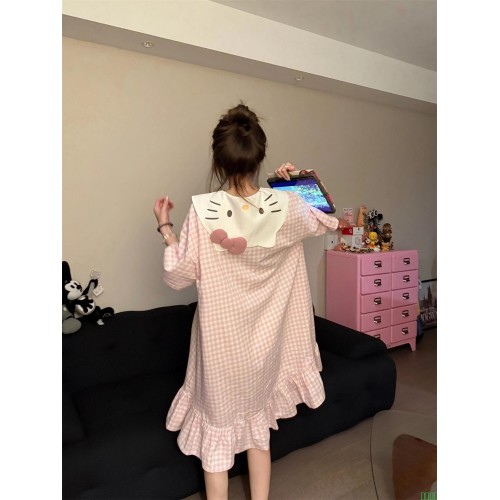 ins少女甜美可爱卡通凯蒂猫格子睡衣女夏季新款娃娃领短袖睡裙