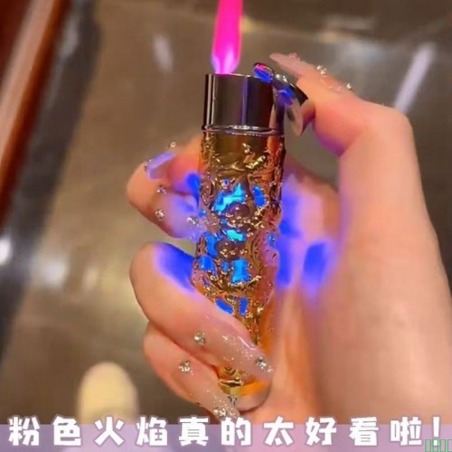 网红圆柱浮雕龙防风打火机充气创意透明彩灯便携粉色火焰直冲火机
