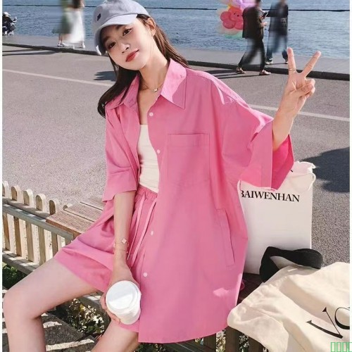 粉色减龄套装2024新款夏季可盐可甜时尚小清新宽松短裤休闲两件套