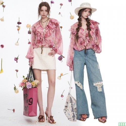 【同款低价】法式荷叶边印花雪纺衫女2025年春新款设计感气质上衣