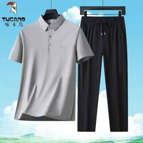 啄木鸟正品爆款夏季新款中老年爸爸装休闲POLO衫+冰丝裤两件套装