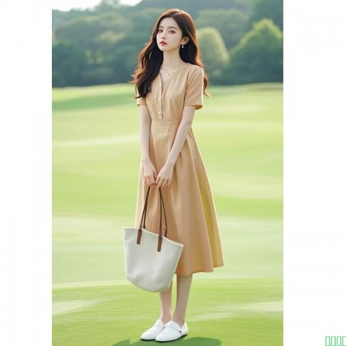 法式端庄大气小个子显高海边度假百搭v领休闲收腰连衣裙子女夏季