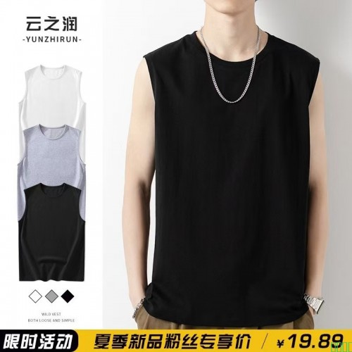 无袖背心男士夏季潮牌纯棉健身运动坎肩衣服打底男装白色短袖t恤