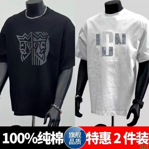 100%纯棉短袖T恤男夏季新款美式潮牌休闲宽松青年五分袖痞帅上衣