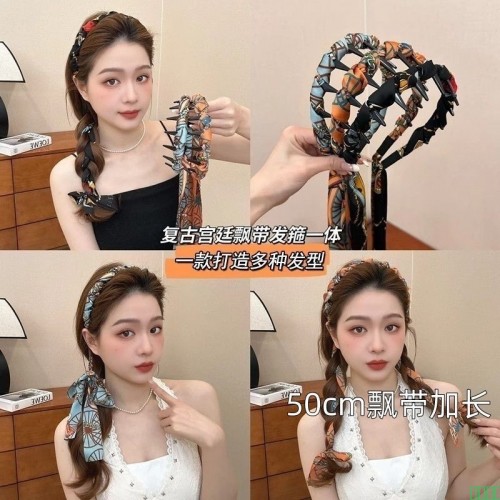 繁花飘带齿梳波浪高颅顶发箍正反两带复古宫廷头箍外出百搭粘鼠板