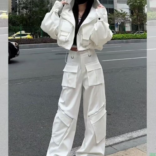 白色时尚休闲运动套装女2025新款高腰显瘦重工街头外套工装阔腿裤