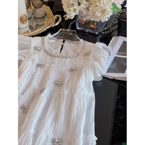 法式优雅风仙气烫钻网纱蝴蝶圆领飞飞袖连衣裙女2025夏季新款裙子