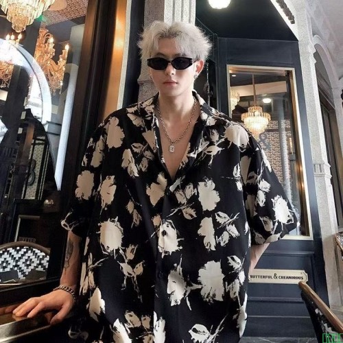 短袖夏天痞帅高级感外法式古巴领花衬衫男款套性张力穿搭冰丝衬衣