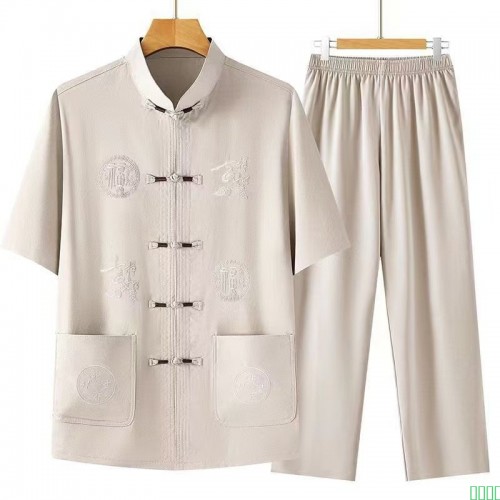 新中式冰丝唐装男夏季短袖套装中国风爸爸装薄款爷爷中老年太极服