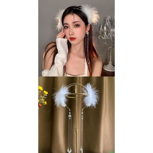 一款二带仙气羽毛流苏发箍珍珠假耳环头箍拍照直播异域风情头箍女