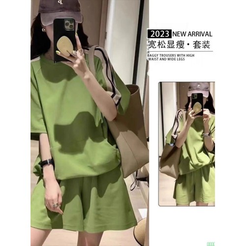 WEWE运动服套装女2025新款夏季宽松休闲舒适跑步短袖短裤两件套潮