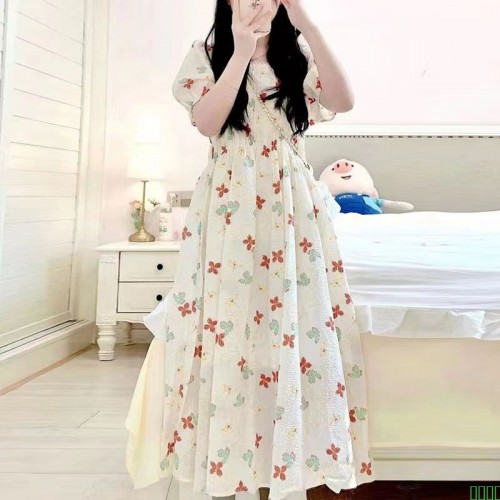 高级灰波点短袖连衣裙女夏2024新款系带韩版宽松简约时尚大气清凉