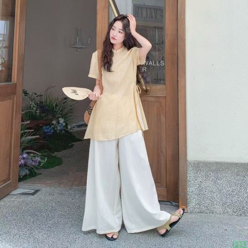 新中式国风套装女夏季2025新款气质绑带禅意旗袍上衣阔腿裤两件套