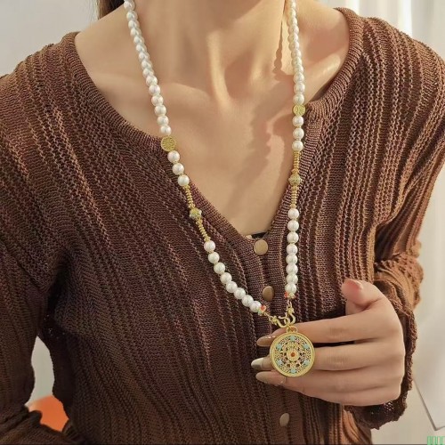 花丝古法镂空圆盘女长款白色珍珠项链毛衣链新汉服配饰女八宝罗盘