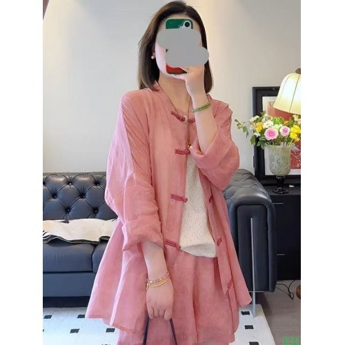 新中式复古套装女粉色盘扣防晒衬衫一整套ootd穿搭新款高级短裤潮