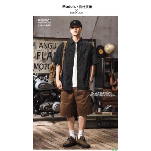 皮尔卡丹夏季薄款工装短袖衬衫男款山系户外宽松口袋休闲凉感上衣