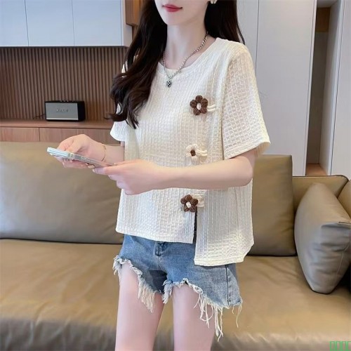 韩版遮肉大码设计感小个子短袖t恤女夏季小清新开叉百搭通勤上衣