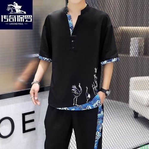 传奇保罗正品高档夏季冰丝套装男时尚休闲民族风潮流复古套装百搭