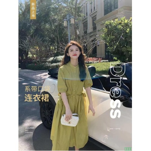 高级灰波点短袖连衣裙女夏2024新款系带韩版宽松简约时尚大气清凉