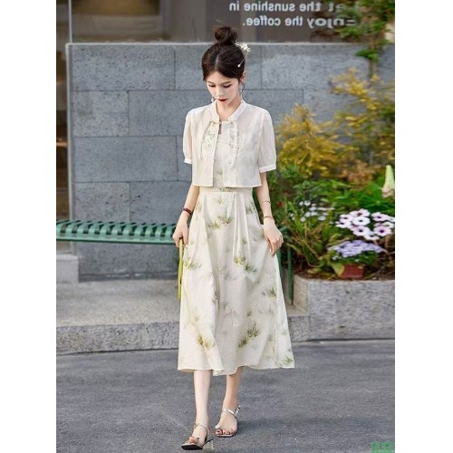 新中式中国风印花连衣裙套装收腰夏季新款超仙碎花吊带裙两件套
