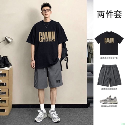 两件套山系户外字母印花凉感速干短袖T恤男宽松潮流冰丝短裤套装