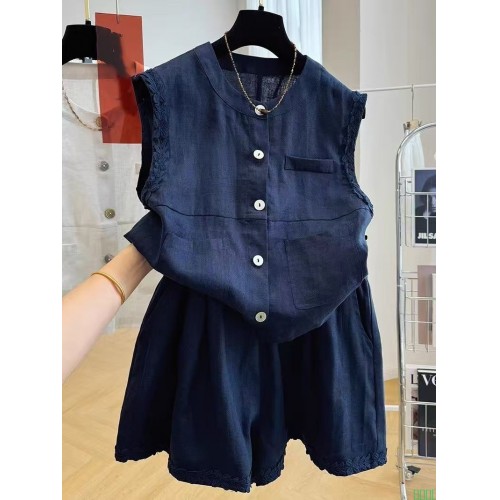 夏季设计感重工马甲背心高腰短裤两件套女韩版气质减龄短袖套装潮