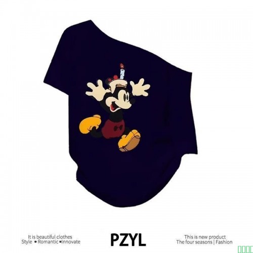 MONZON100%纯棉露肩短袖T恤女夏季藏青色印花一字肩米奇上衣宽松