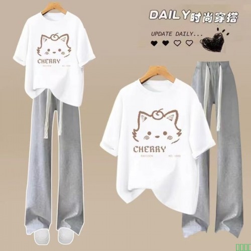 单/套装夏季爆款短袖t恤女学生甜美风宽松休闲阔腿裤百搭两件套潮