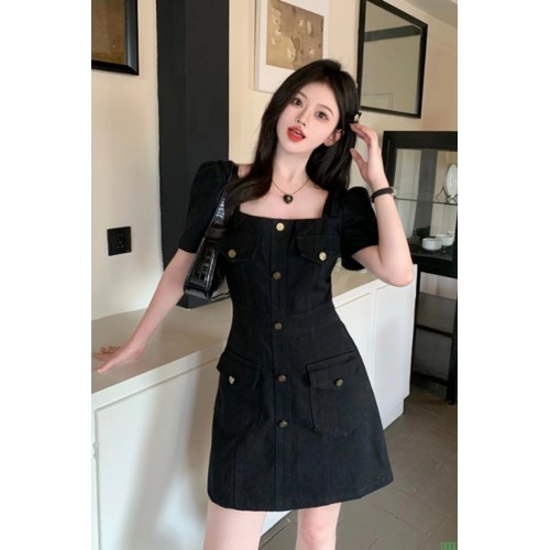 黑色牛仔裙女法式复古纯色夏季薄款气质高腰显瘦连衣裙ins风