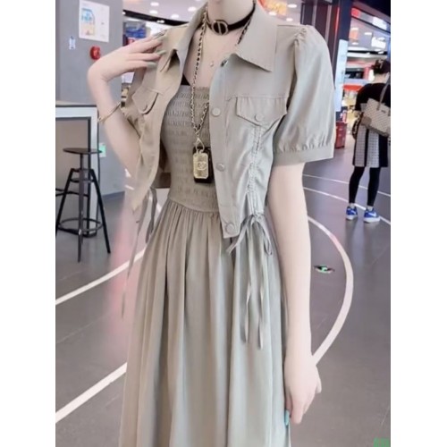 2025夏季新款时尚气质短袖外套+吊带连衣裙两件套小香风套装女潮