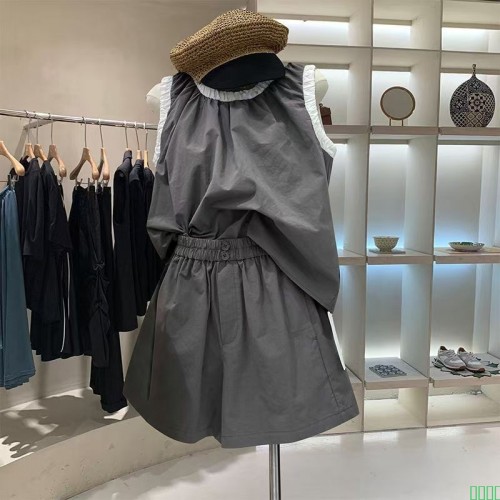 胖MM特大码300斤夏时尚无袖背心上衣高腰休闲阔腿短裤两件套装女2